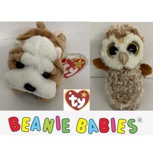 Ty Beanie Babies Brown and White Dog & Owl Set